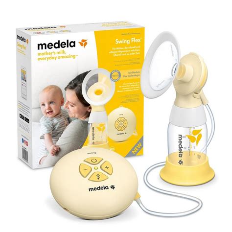 Nahaufnahme der Medela Swing Flex Milchpumpe mit Fokus auf den PersonalFit Flex-Trichter und die Bedienelemente