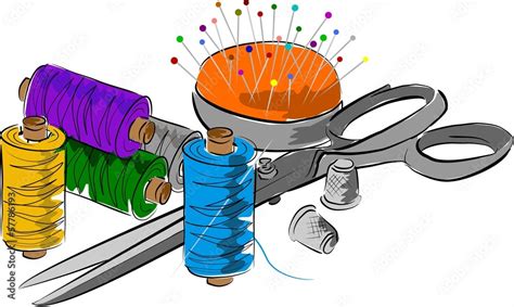 Eine Auswahl an bunten Jerseystoffen und Nähutensilien wie Nähmaschine, Garn und Schere.