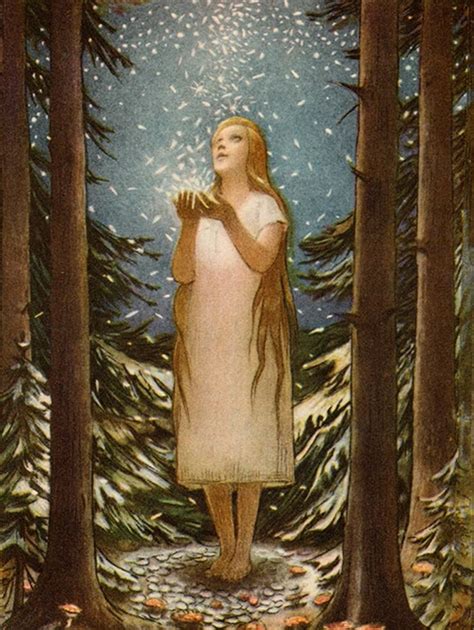 Eine Illustration, die das arme Mädchen im Wald zeigt, wie es von einer alten Frau einen magischen Topf erhält.