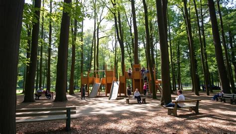 Spielplatz mit Klettergeräten und umliegendem Wald