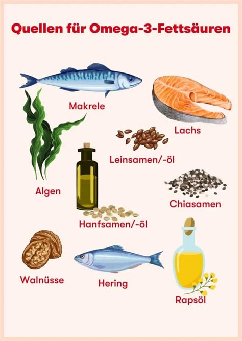 Illustration von Lachs, Thunfisch und Nüssen als Quellen für Omega-3-Fettsäuren.