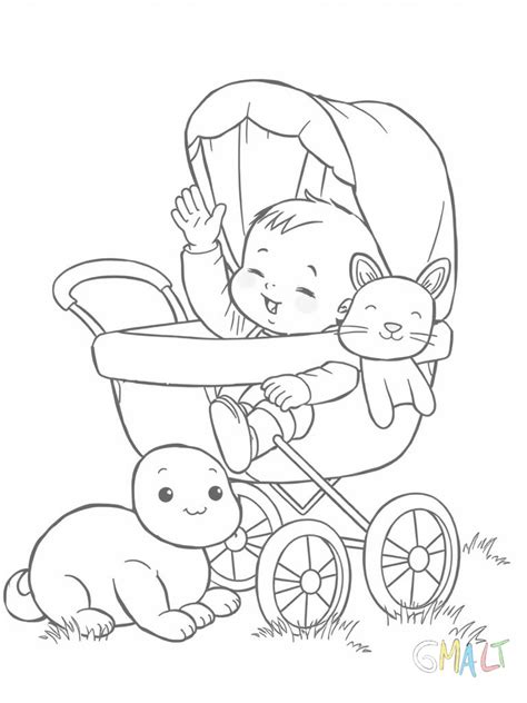 Illustration eines glücklichen Babys im Kinderwagen, umgeben von Natur