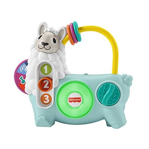 Farbige Nahaufnahme eines Fisher-Price Spieltisches mit verschiedenen interaktiven Elementen wie Knöpfen, Rädern und Lichtern