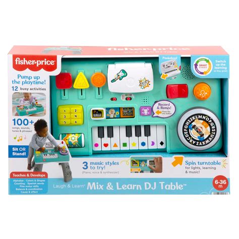 Übersichtsbild des Fisher-Price Mixspaß DJ-Tischs mit verschiedenen musikalischen Elementen und Knöpfen