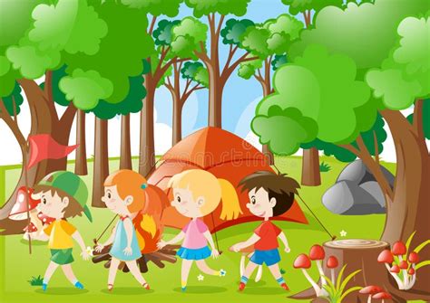 Illustration eines selbstgebauten Tipis im Wald mit Kindern, die darin sitzen