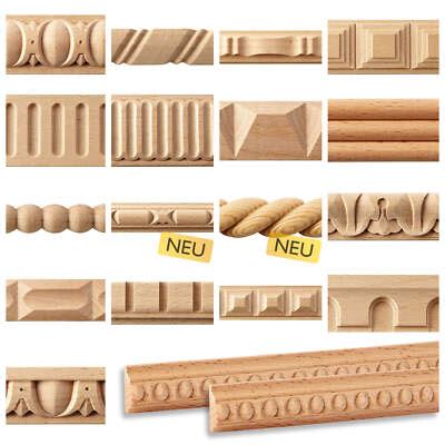 Beispiele für verschiedene Materialien von Zierleisten: Holz, MDF, Vinyl.