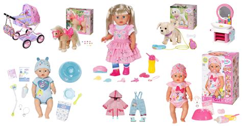 Eine Auswahl von BABY born Puppen und passendem Zubehör, wie Kleidung und Kinderwagen.