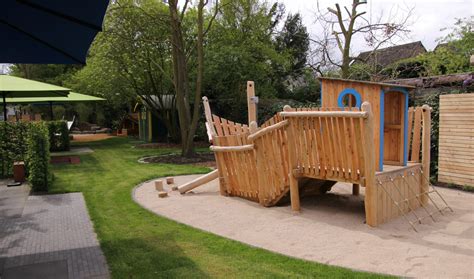 Gestaltetes Außengelände einer Kindertagesstätte mit Sandkasten, Grünflächen und Spielgeräten