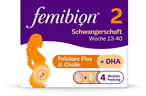 Schema der Inhaltsstoffe von Femibion 2 Schwangerschaft mit Hervorhebung von Folat, Cholin und DHA