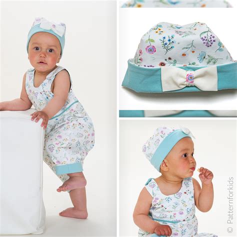 Illustration von verschiedenen gestrickten Babykleidungsstücken wie Kleidchen, Strampler und Mütze