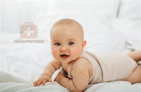 Illustration einer gut sortierten Hausapotheke für Babys mit verschiedenen Medikamenten, Verbandsmaterialien und Pflegeprodukten.