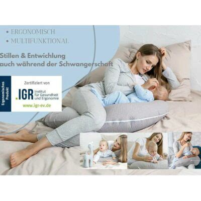 Illustration, die die verschiedenen Nutzungsmöglichkeiten eines Stillkissens zeigt: als Schlafhilfe für Schwangere, als Stillunterstützung, als Nestchen für Babys und als Spielkissen.