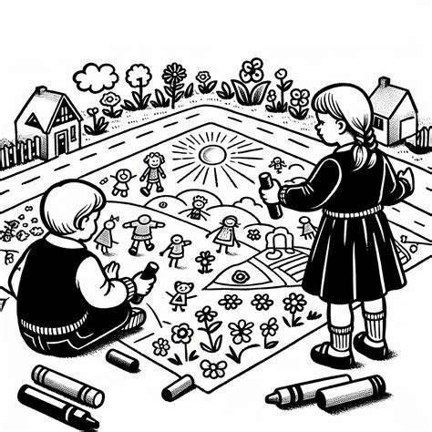 Kinder, die gemeinsam auf einem Gehweg mit bunter Straßenkreide malen.