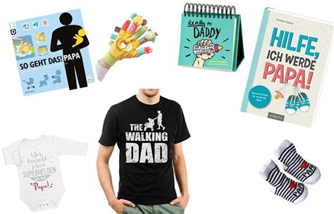 Eine Auswahl verschiedener Geschenke für werdende Väter: ein Wickelrucksack, ein Ratgeber, lustige Socken
