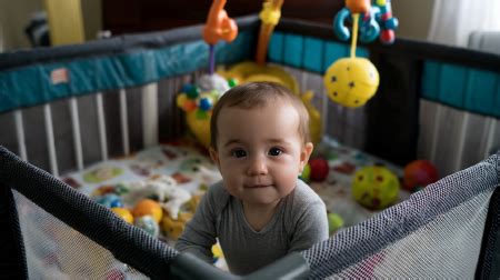 Illustration eines Babys, das sicher in einem hölzernen Laufgitter spielt.