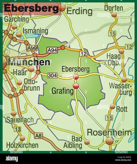 Karte der Umgebung von Ebersberg mit Markierung des Gasthofs Huber und wichtiger Entfernungen zu München und Verkehrsanbindungen
