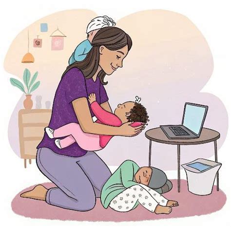 Darstellung einer Mutter, die sich erschöpft, aber liebevoll um ihr Baby kümmert.