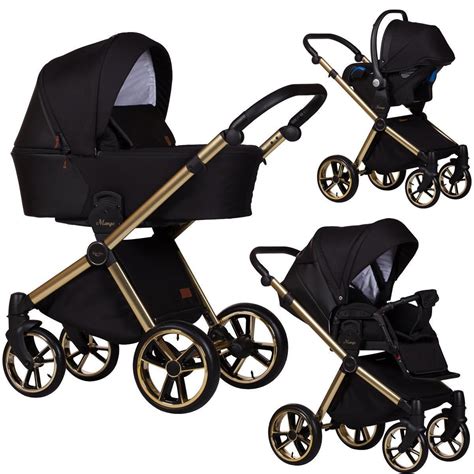 Illustration eines 3-in-1-Kinderwagens mit seinen verschiedenen Aufsätzen (Babywanne, Sportsitz, Babyschale)