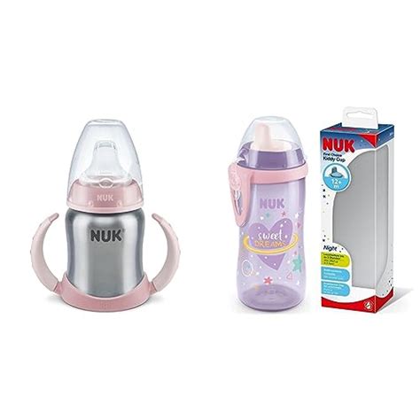 Infografik, die die verschiedenen NUK Trinklernbecher-Typen und ihre jeweiligen Altersfreigaben und Hauptmerkmale zeigt