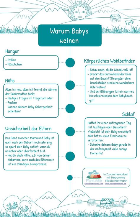 Infografik mit verschiedenen Gründen, warum Babys im Kinderwagen weinen könnten, und entsprechenden Lösungsansätzen.