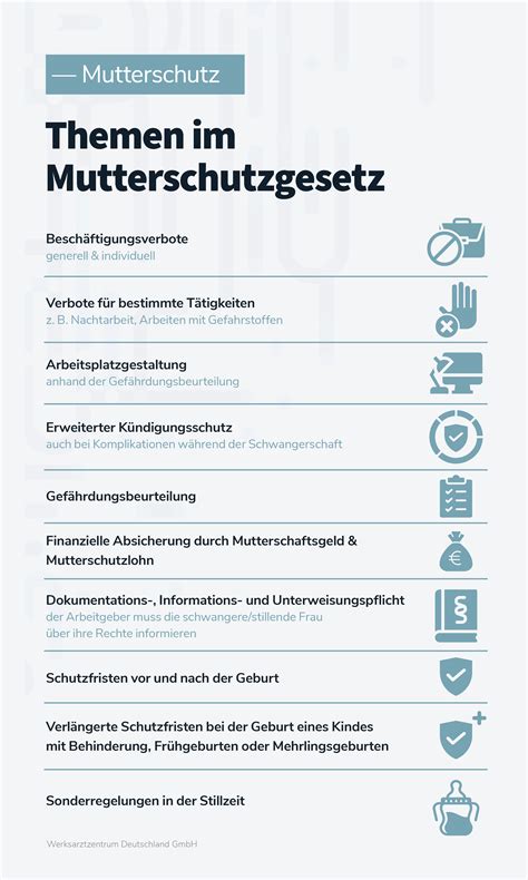 Infografik, die die verschiedenen Schutzmaßnahmen im Mutterschutzgesetz darstellt (z.B. Arbeitszeitbegrenzung, Ruhemöglichkeiten, Gefährdungsbeurteilung).
