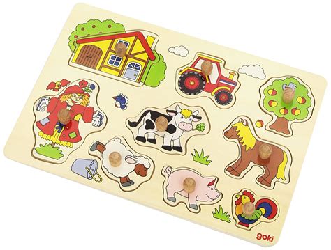 Bilderbuch mit bunten Tiermotiven und ein Holzpuzzle mit großen Teilen für Kleinkinder.