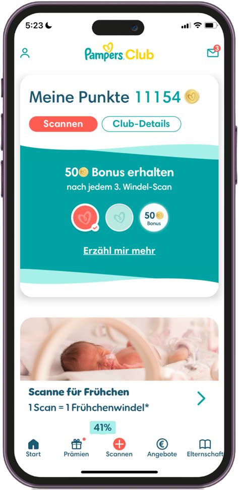 Screenshot der Pampers Club App, der den Prämienkatalog oder die Punkteübersicht zeigt.