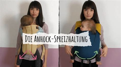 Illustration, die die ergonomische Haltung eines Babys in einer Trage zeigt, mit Fokus auf die Anhock-Spreiz-Haltung.