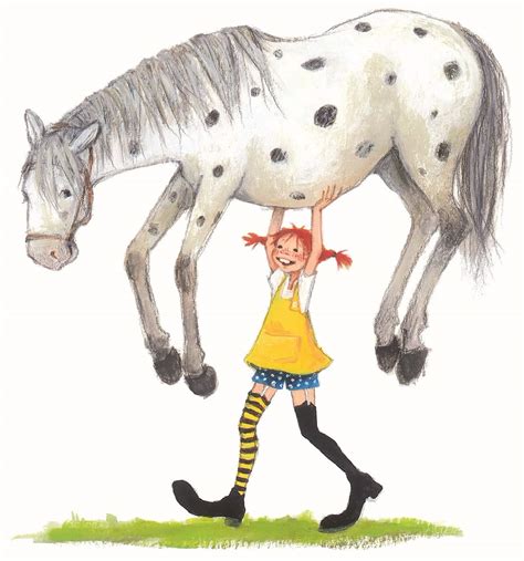 Illustration von Pippi Langstrumpf, die auf ihrem Pferd sitzt