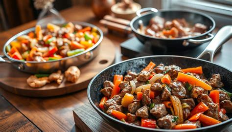 Kochtopf mit Gemüse und Fleisch, das auf kleiner Flamme kocht
