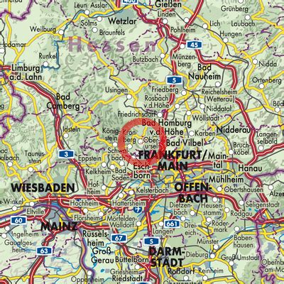 Karte der Region Main-Taunus-Kreis mit eingezeichneten Orten wie Schwalbach, Oberursel, Bad Homburg