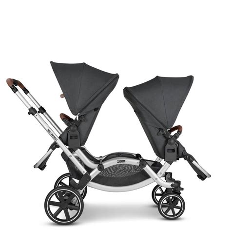 Schema mit verschiedenen Konfigurationen des ABC Design Zoom Geschwisterwagens (Sitze nebeneinander, hintereinander, mit Babywanne, Sportsitz)