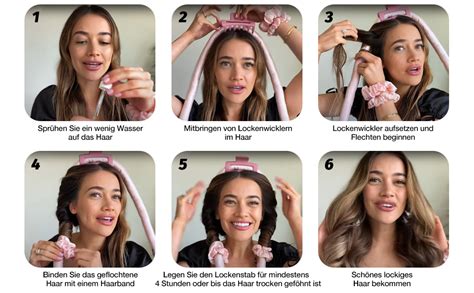 Schema zur schrittweisen Anleitung für Locken ohne Hitze mit einem Stirnband.