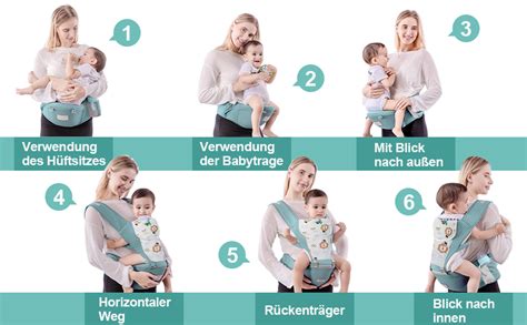 Schema zur korrekten Einstellung der Schultergurte und des Brustgurts einer Babytrage.