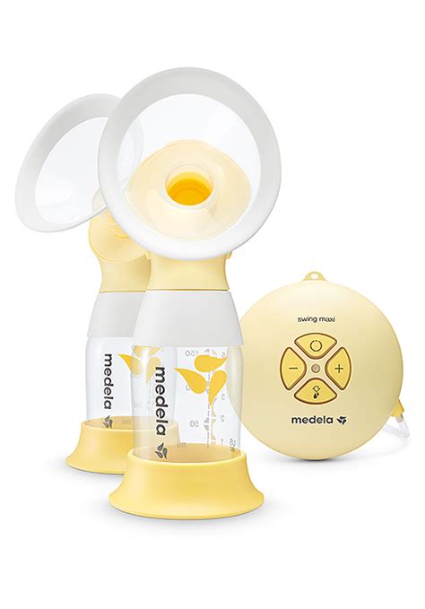 Illustration der Swing maxi Doppel-Milchpumpe von Medela mit ihren Hauptkomponenten und der 2-Phasen-Expression-Technologie.