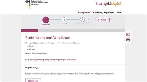 Screenshot der Webseite ElterngeldDigital mit Hinweisen zur Online-Antragstellung