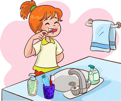Illustration: Kind putzt sich spielerisch die Zähne vor einem Spiegel