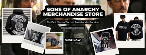 Collage aus verschiedenen Sons of Anarchy Merchandise-Artikeln wie T-Shirts, Westen und Mützen.