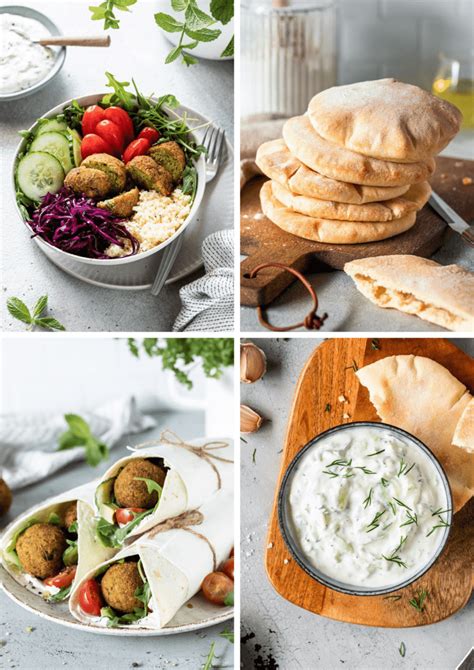 Collage aus verschiedenen Falafel-Variationen und Beilagen