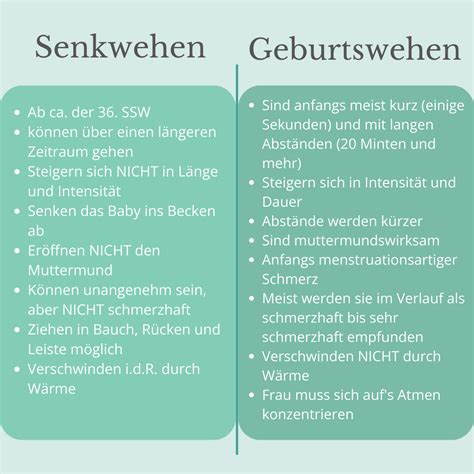 Infografik: Vergleich von Senkwehen und Geburtswehen anhand von Merkmalen wie Regelmäßigkeit, Intensität und Reaktion auf Wärme.