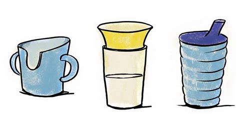 Illustration verschiedener Trinkgefäße für Babys: Flasche, Becher, Tasse