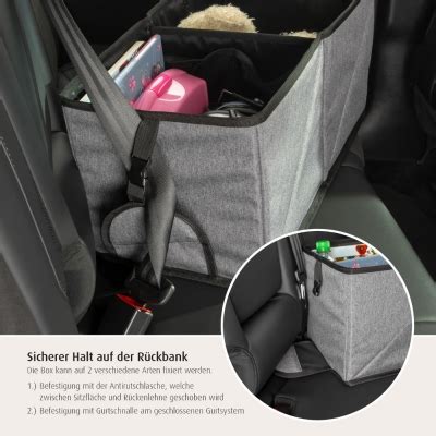 Schema der Reer TravelKid Auto-Ordnungsbox mit verschiedenen Fächern und Befestigungsmöglichkeiten.