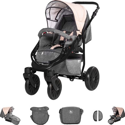 Illustration eines modernen Kombi-Kinderwagens mit Zubehör