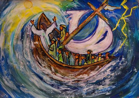 Illustration, die die verschiedenen Aspekte der Macht Jesu zeigt: Sturmstillung, Heilung von Kranken, Vertreibung von Dämonen.