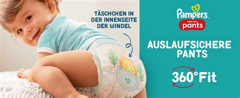 Schema der Pampers Baby-Dry Windel mit Hervorhebung der Trockenheitslage, Flexi-Seitenflügel und Sicherheitsbeinbündchen