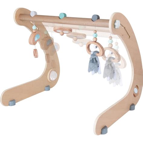 Detailansicht des Eichhorn Baby Spielbogens mit verschiedenen Greifspielzeugen und Verstellmöglichkeiten.