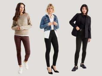 Collage aus verschiedenen Outfits mit Umstandshosen für unterschiedliche Anlässe: Sport, Freizeit, Büro, Abend.