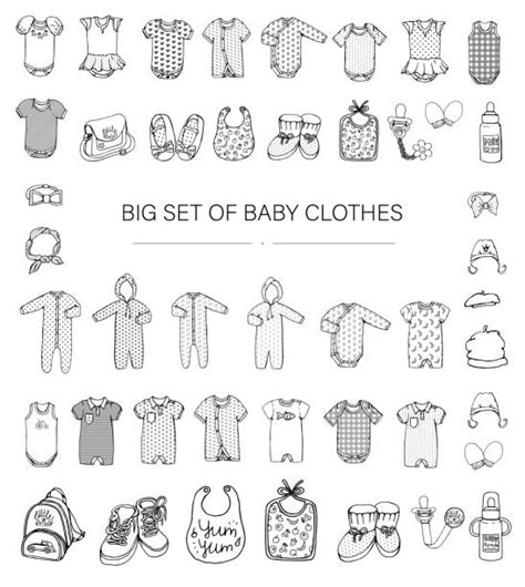 Illustration verschiedener Baby-Erstausstattungs-Artikel wie Bodys, Strampler, Socken und Lätzchen