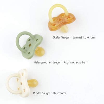 Illustration verschiedener Schnullerformen (Kirsch, Symmetrisch, Kiefergerecht, Rund)