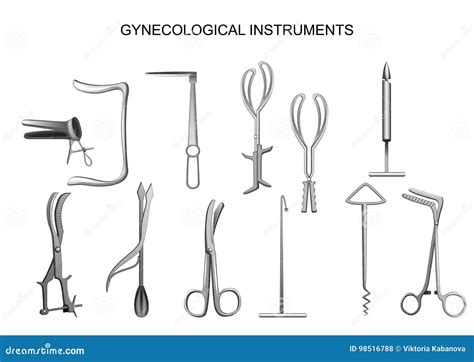 Illustration verschiedener gynäkologischer Instrumente und Verfahren